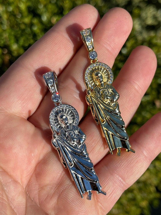 Men's Real Solid 925 Sterling Silver / Gold St Jude San Judas Tadeo Iced Pendant