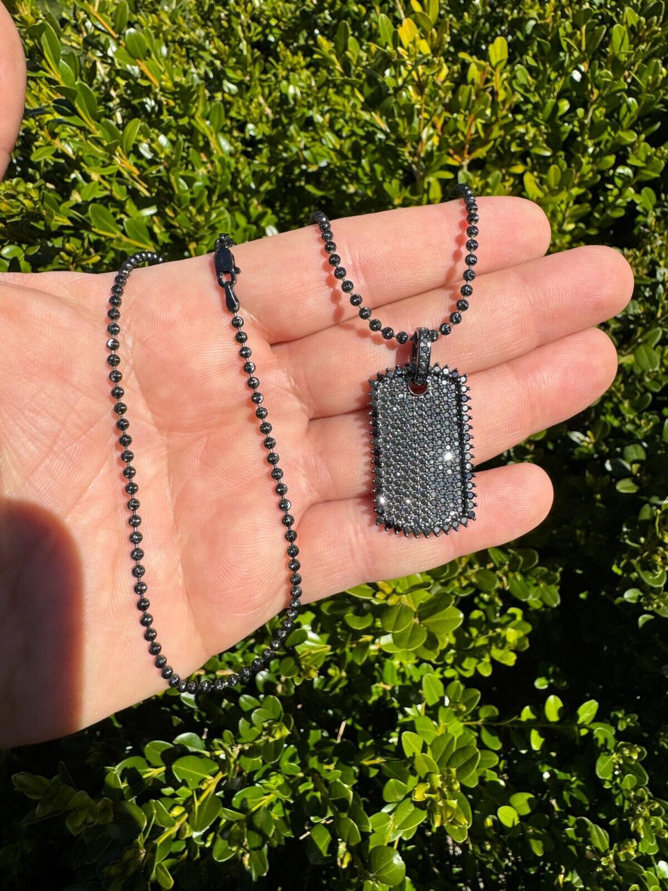 Real Black MOISSANITE Solid 925 Silver Dog Tag Iced Pendant Necklace