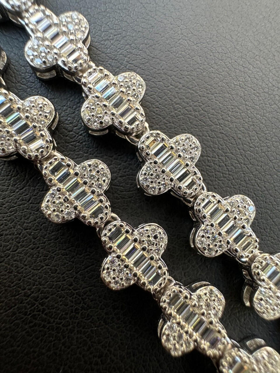 Real Iced MOISSANITE Baguette Clover Tennis Chain Necklace - VVS D Color 8mm
