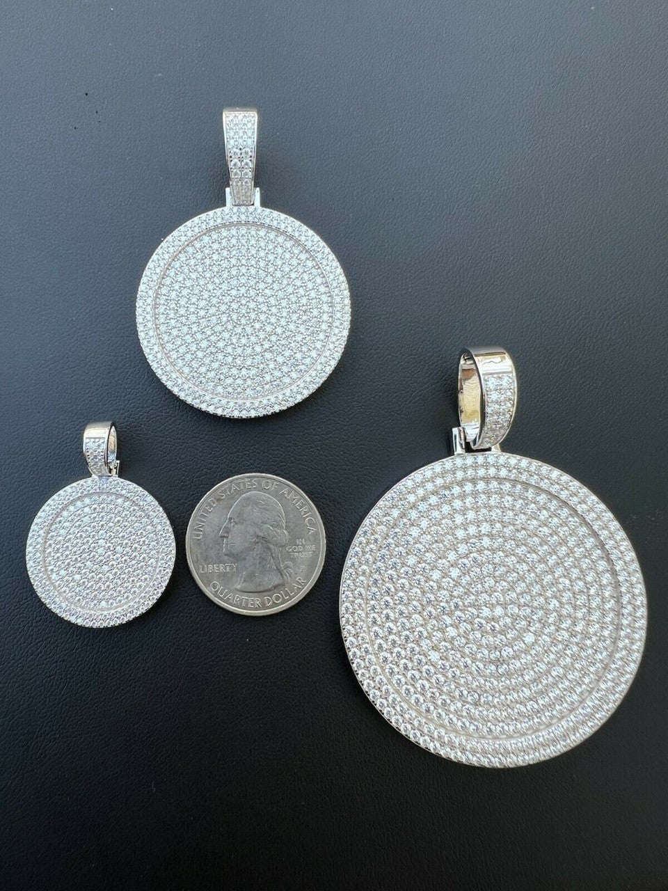 Solid 925 Silver Bling Out Iced Round Dog Tag Medallion Pendant Necklace