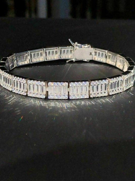 Men's CZ Baguette Tennis Bracelet Solid 925 Sterling Silver 8mm