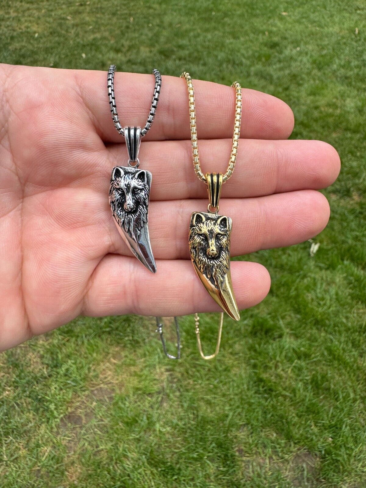 Solid 925 Silver / Gold Plated Oxidized Wolf Fang Tooth Viking Pendant Necklace