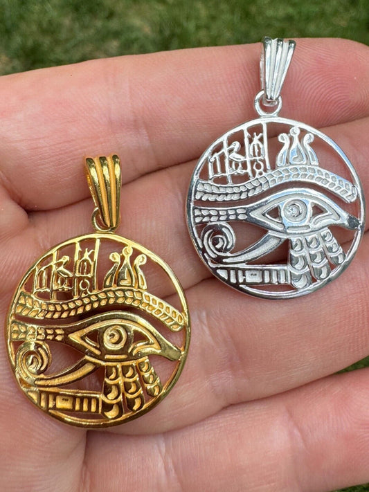 Eye Of Horus Egyptian Hieroglyphics Real 925 Silver / Gold Necklace Pendant