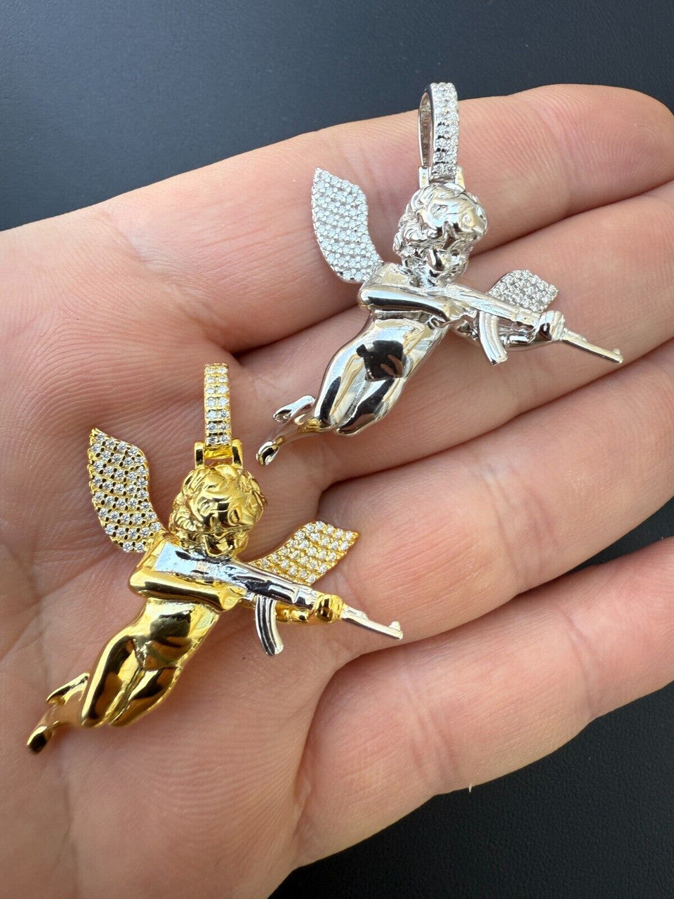 MOISSANITE Angel W. AK47 Gun Pendant - 14k Yellow Gold Vermeil Or 925 Silver - Medium 1.5"