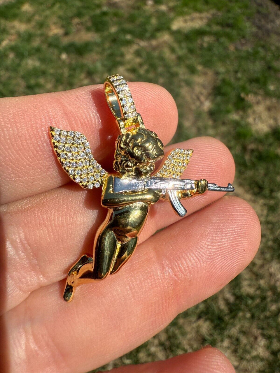 MOISSANITE Angel W. AK47 Gun Pendant - 14k Yellow Gold Vermeil Or 925 Silver - Medium 1.5"