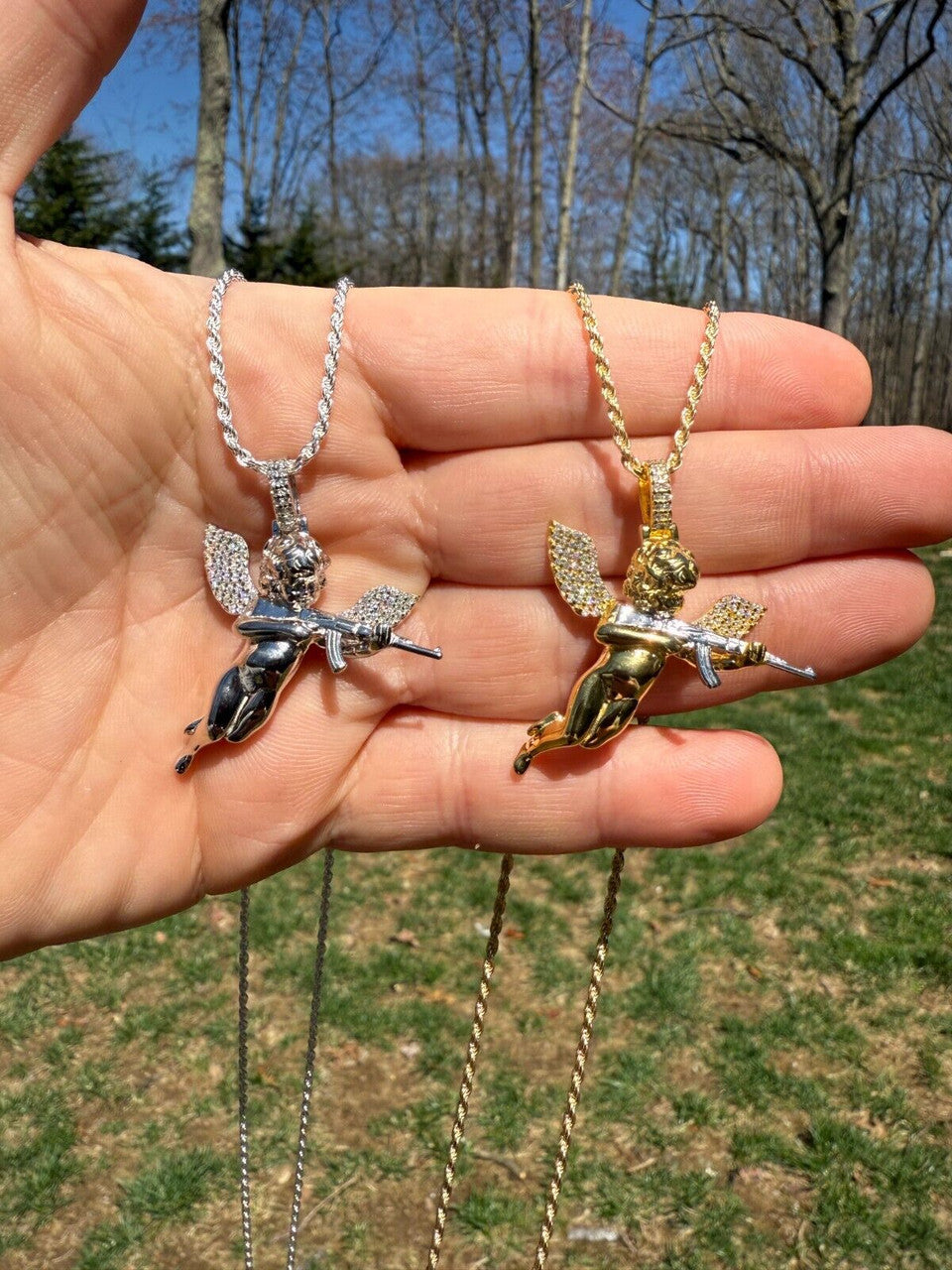 MOISSANITE Angel W. AK47 Gun Pendant - 14k Yellow Gold Vermeil Or 925 Silver - Medium 1.5"