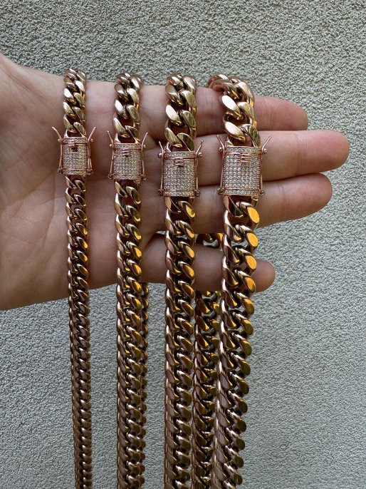 Miami Cuban Link Chain Necklace W. CZ Clasp - Rose Gold Plated Stainless Steel