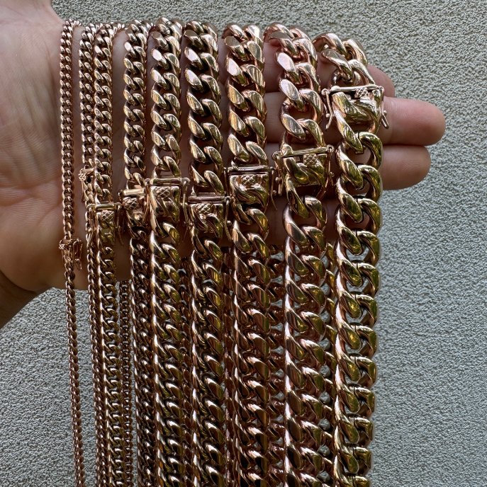 Miami Cuban Link Chain Necklace - 14k Rose Gold Plated Stainless Steel