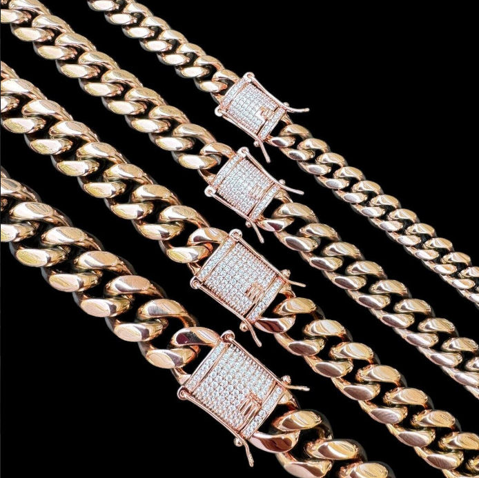 Miami Cuban Link Chain Necklace W. CZ Clasp - Rose Gold Plated Stainless Steel