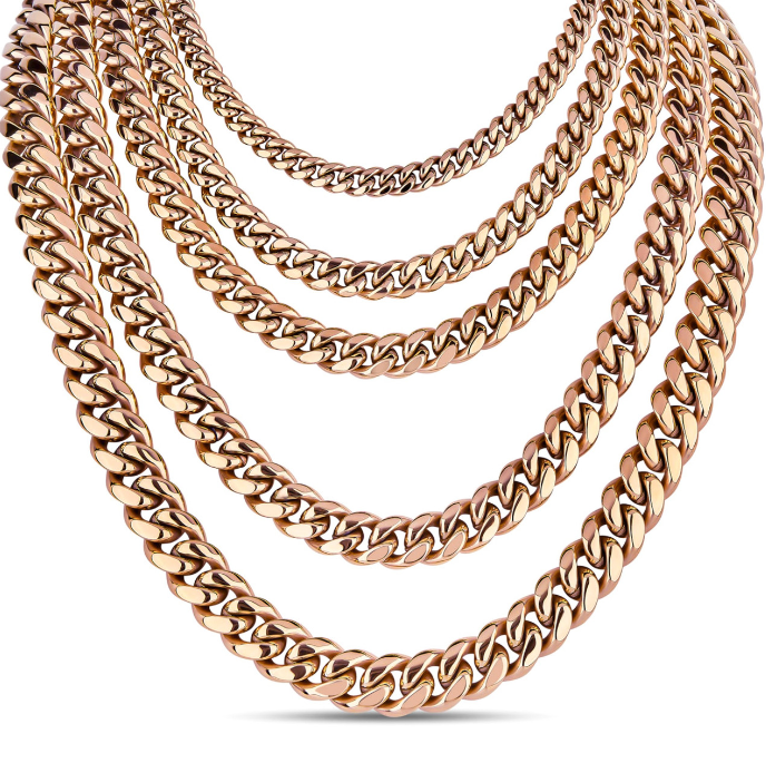 Miami Cuban Link Chain Necklace - 14k Rose Gold Plated Stainless Steel