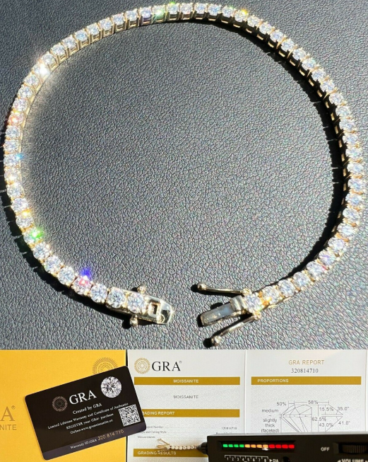 Real Solid 10k Gold 3mm Moissanite Tennis Chain Bracelet - Passes Diamond Tester