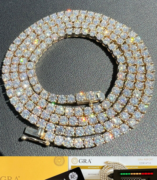Real Solid 10k Gold 3mm Moissanite Tennis Chain Necklace - Passes Diamond Tester