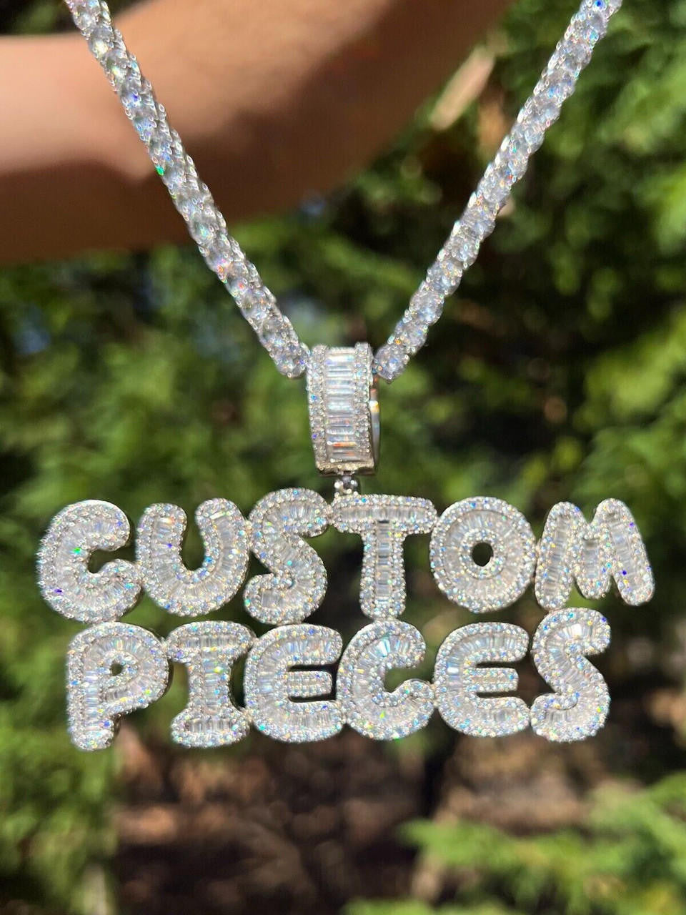 Custom Baguette Bubble Letter Pendant (Or Number) CZ Or Moissanite Graffiti Name 925 Silver