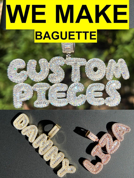 Custom Baguette Bubble Letter Pendant (Or Number) CZ Or Moissanite Graffiti Name 925 Silver