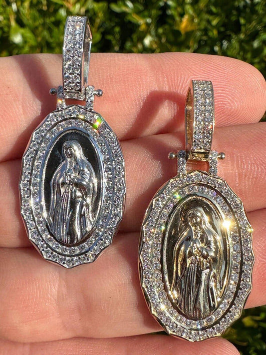 1.4ct Real Diamond Virgin Mary Pendant Solid 14k Gold Necklace Medallion Pendant