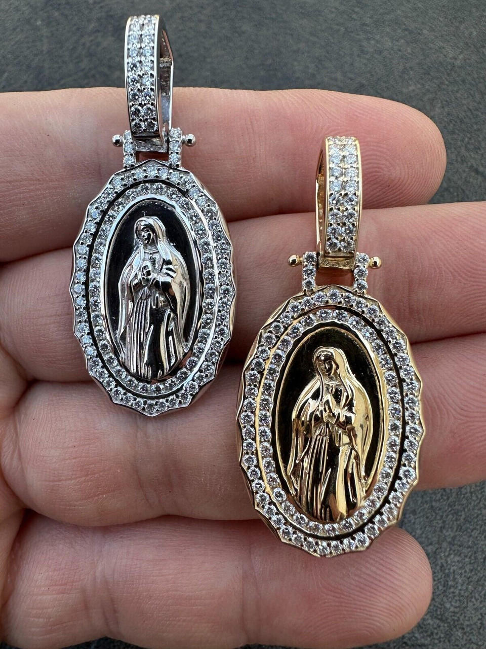 1.4ct Real Diamond Virgin Mary Pendant Solid 14k Gold Necklace Medallion Pendant