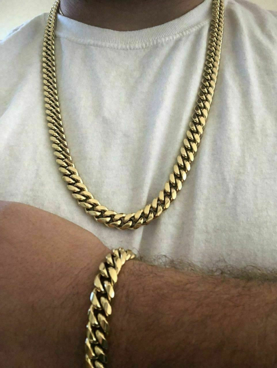 10mm Mens Miami Cuban Link Bracelet & Chain Set 14k Gold Plated Stainless Steel