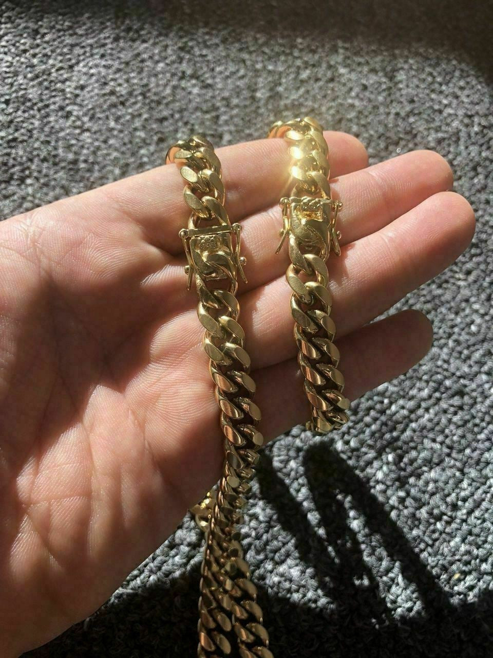 10mm Mens Miami Cuban Link Bracelet & Chain Set 14k Gold Plated Stainless Steel