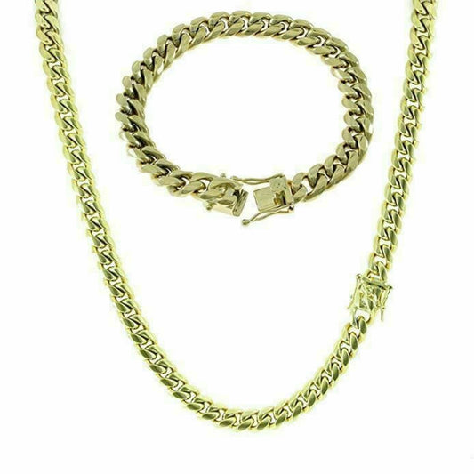 10mm Mens Miami Cuban Link Bracelet & Chain Set 14k Gold Plated Stainless Steel