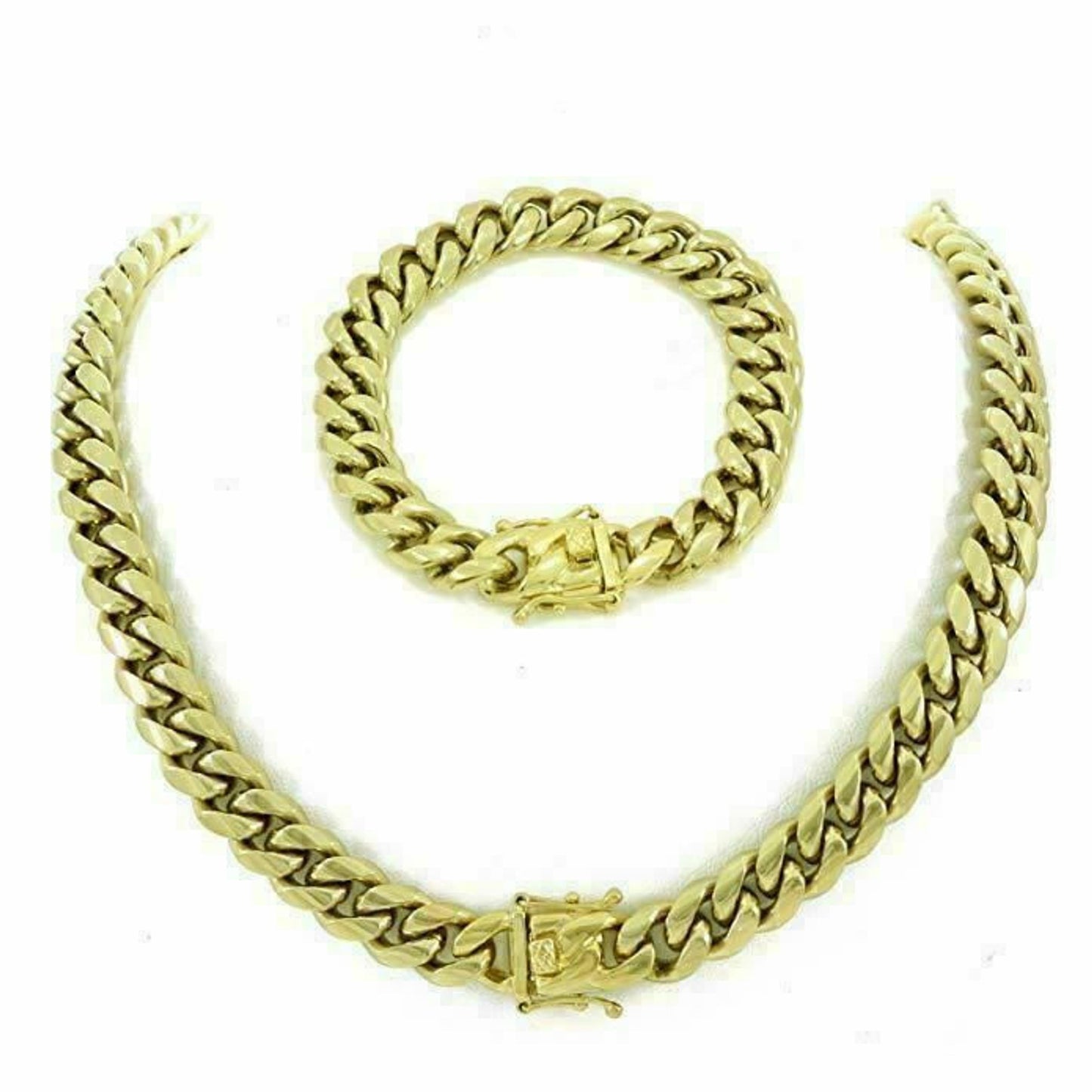 12mm Mens Miami Cuban Link Bracelet & Chain Set 14k Gold Over Stainless Steel