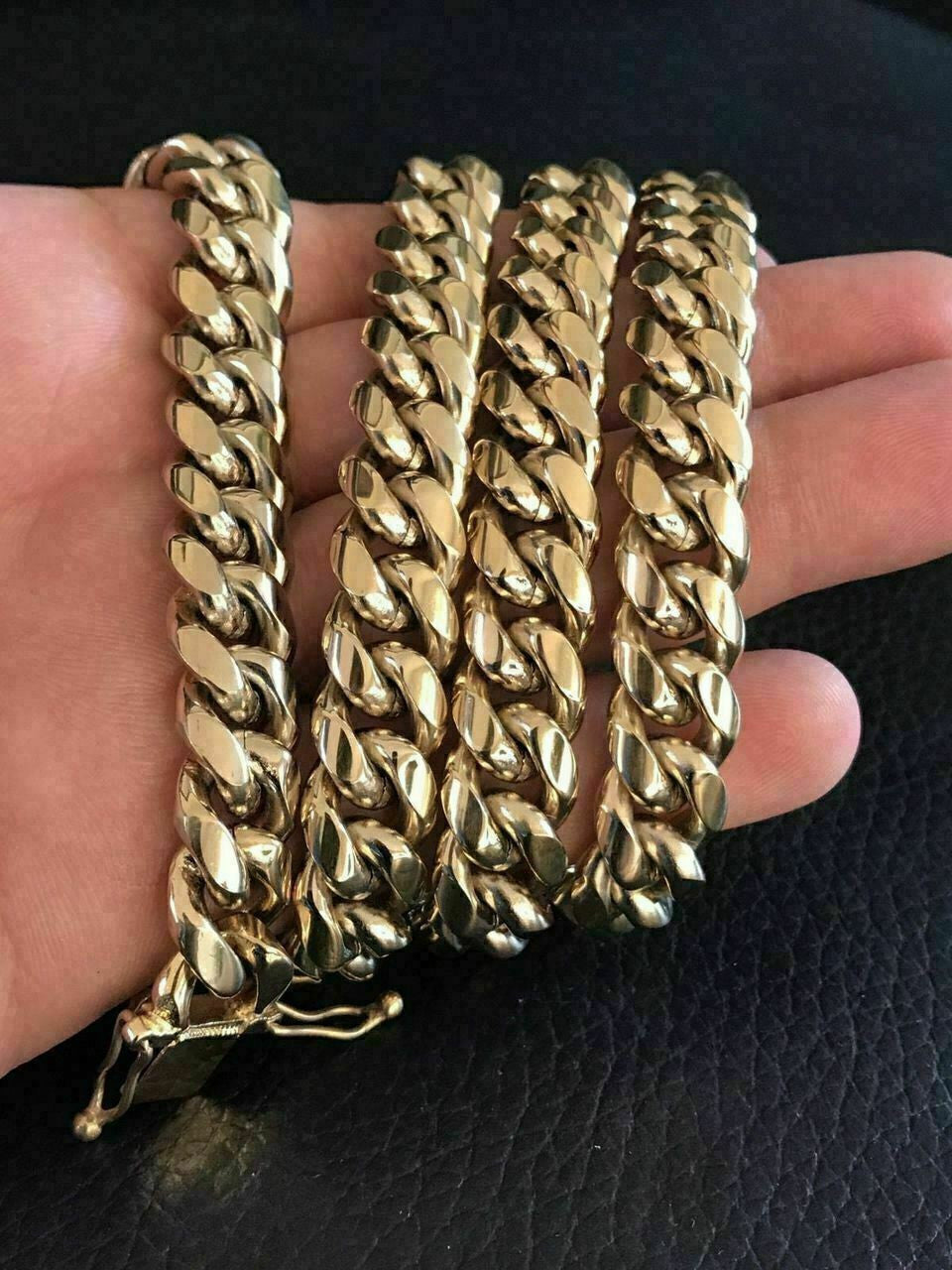 12mm Mens Miami Cuban Link Bracelet & Chain Set 14k Gold Over Stainless Steel