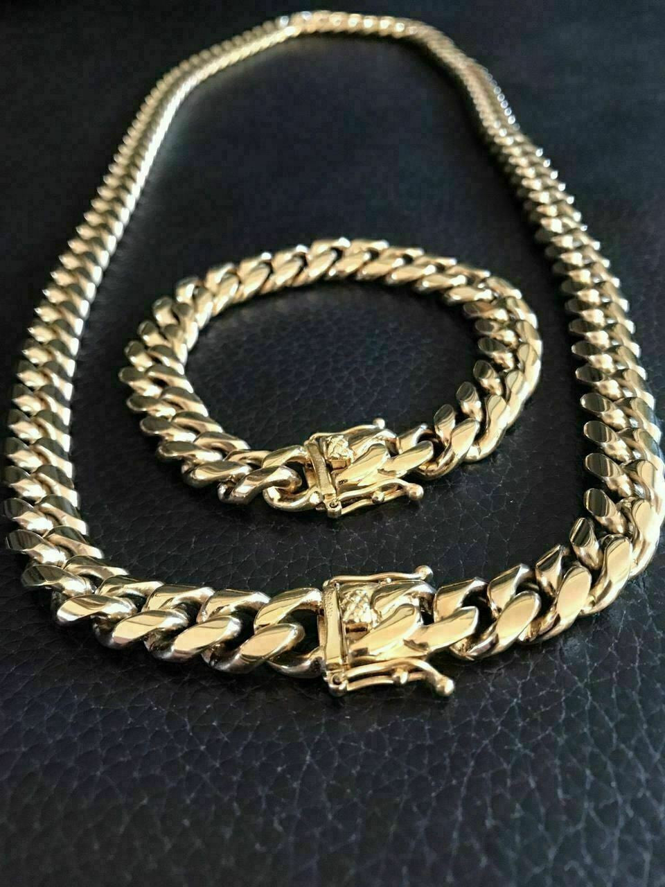 12mm Mens Miami Cuban Link Bracelet & Chain Set 14k Gold Over Stainless Steel