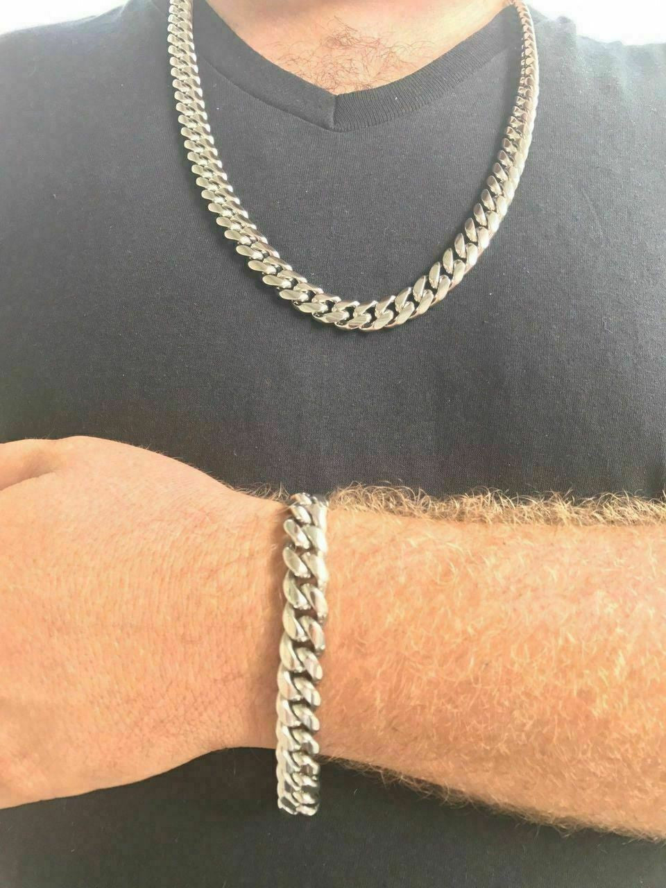 12mm Miami Cuban Link Bracelet & Chain Set Stainless Steel Looks Like Silver Men