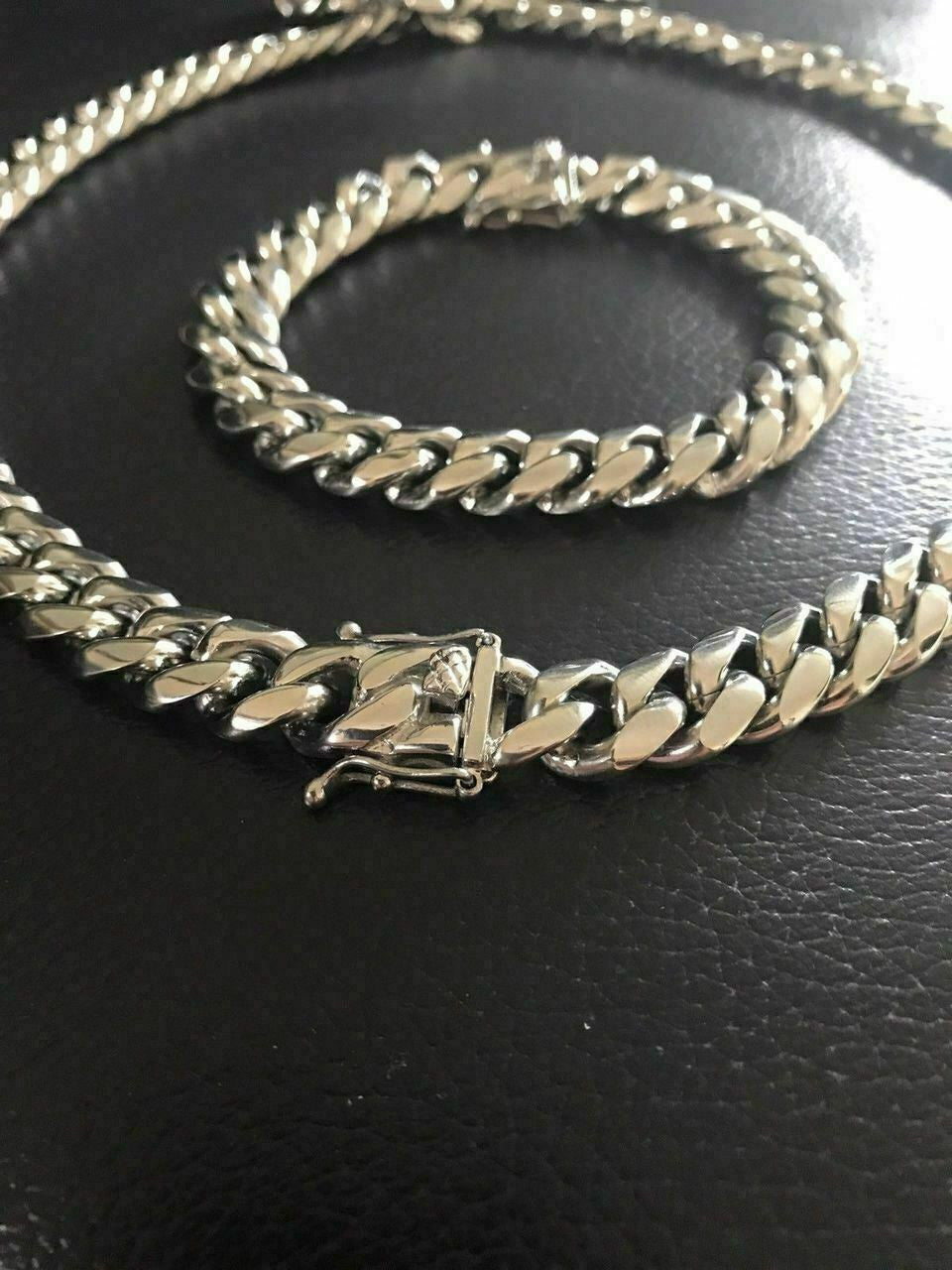 12mm Miami Cuban Link Bracelet & Chain Set Stainless Steel Looks Like Silver Men