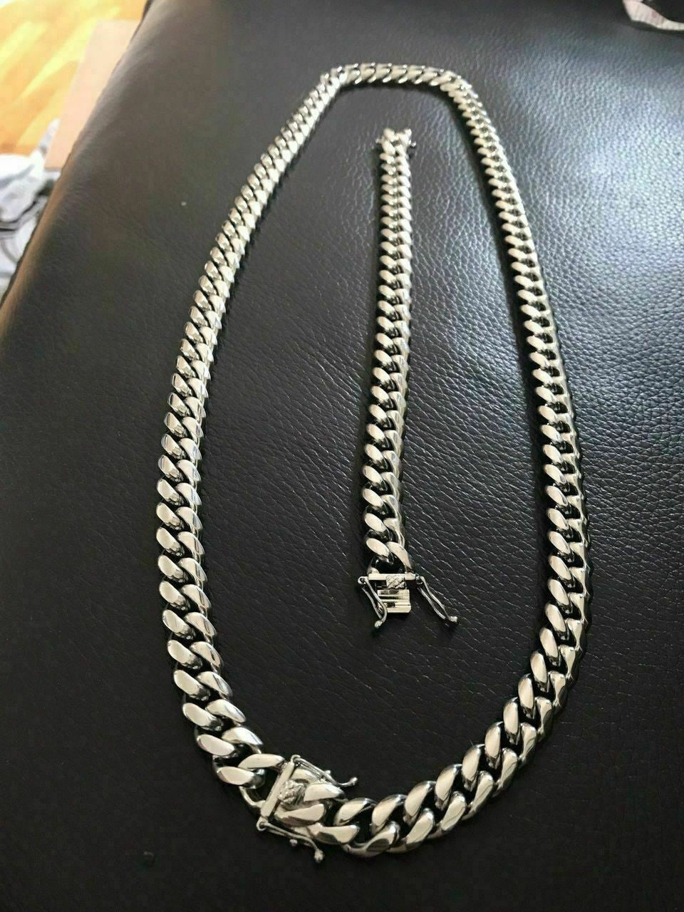 12mm Miami Cuban Link Bracelet & Chain Set Stainless Steel Looks Like Silver Men