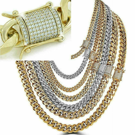 14K-18K Gold Plated Stainless Steel Cuban Link Chain W. 1ct Diamond Clasp 8-10mm