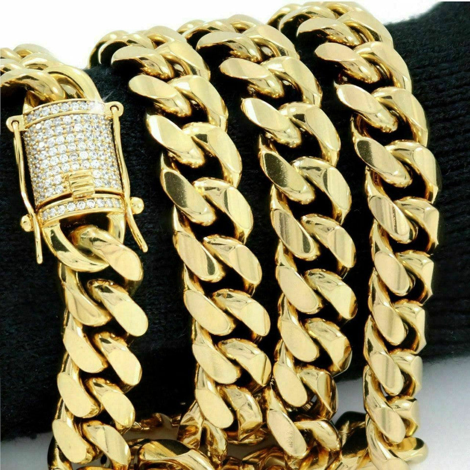 14K-18K Gold Plated Stainless Steel Cuban Link Chain W. 1ct Diamond Clasp - 12-14mm