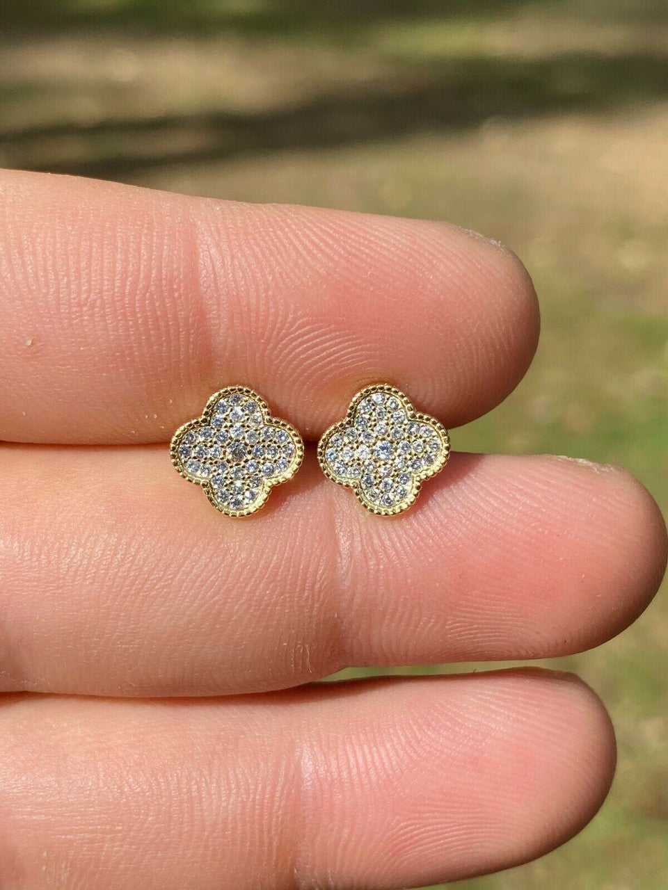 14k Gold Over Real Solid 925 Sterling Silver Earrings Clover Flower Cross Studs