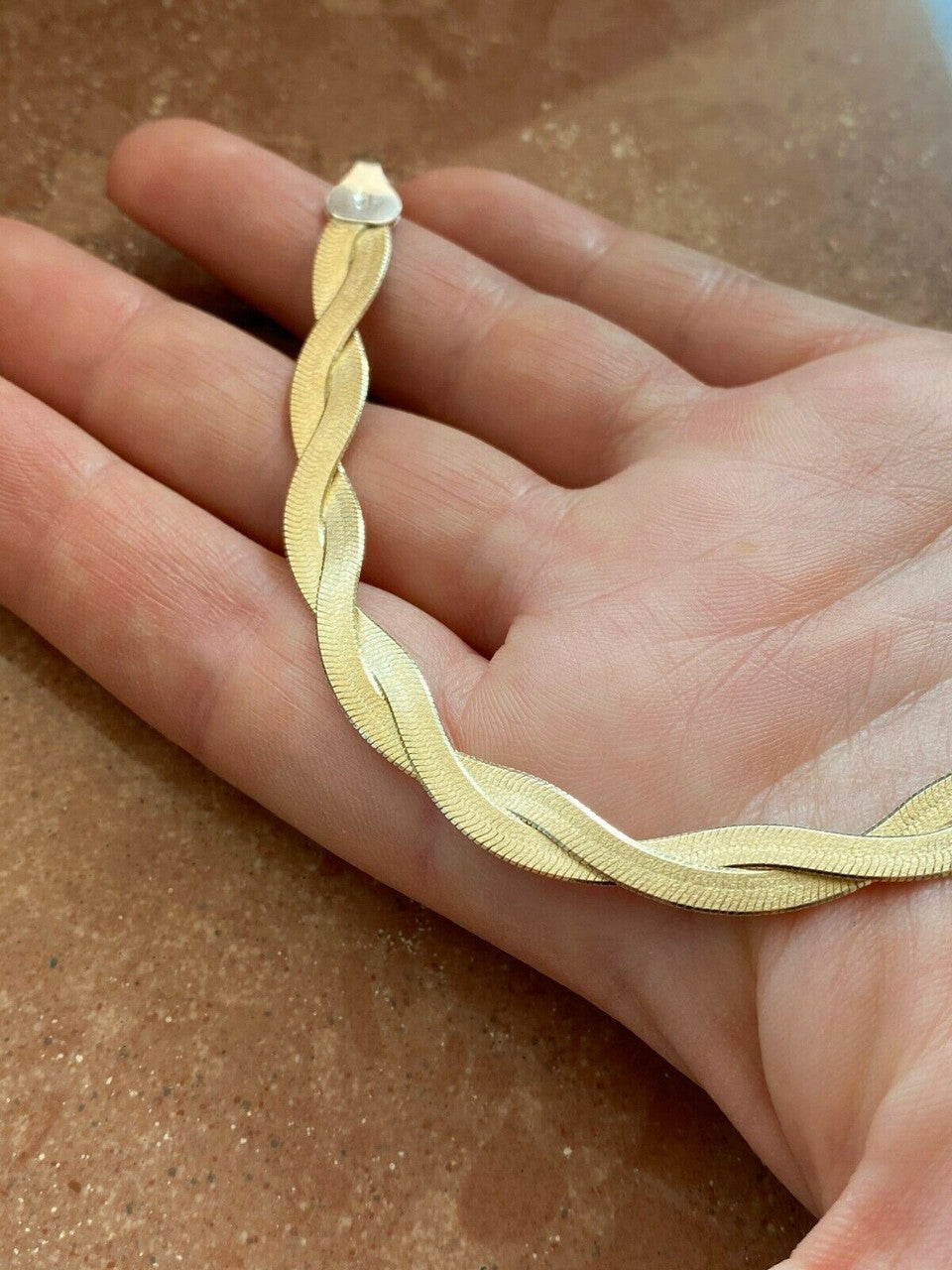 14k Gold Over Solid 925 Silver Twisted Braided Herringbone Bracelet 6" - 8.5"