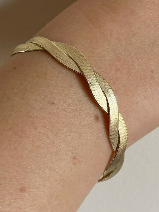 14k Gold Over Solid 925 Silver Twisted Braided Herringbone Bracelet 6" - 8.5"