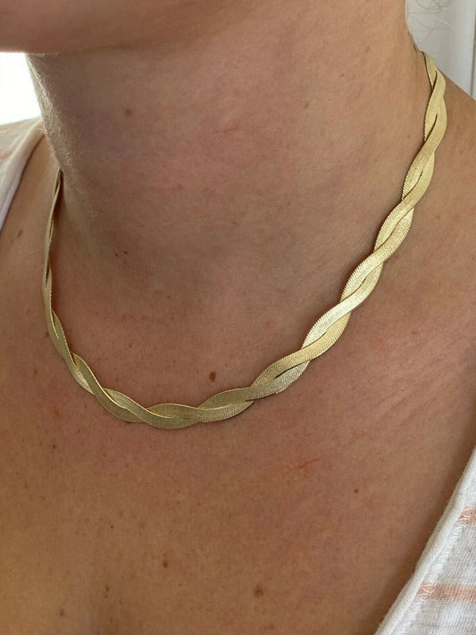 14k Gold Over Solid 925 Silver Twisted Braided Herringbone Chain Necklace 16-20"