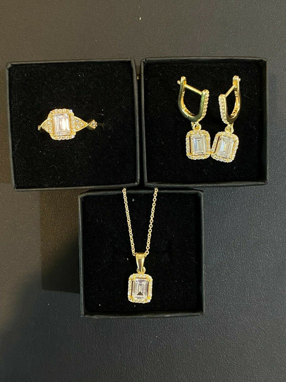 14k Gold Vermeil Real 925 Silver Baguette Diamond Ring Pendant & Earrings Set