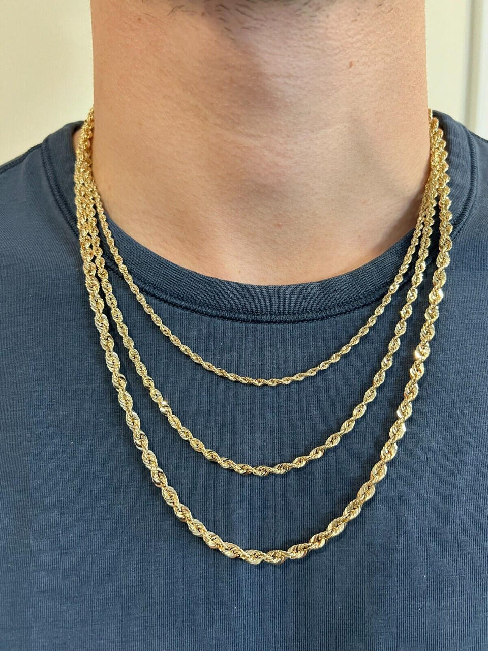 14k HOLLOW Men's Women's Real Yellow Gold Rope Chain Necklace 1.5mm-4.5mm