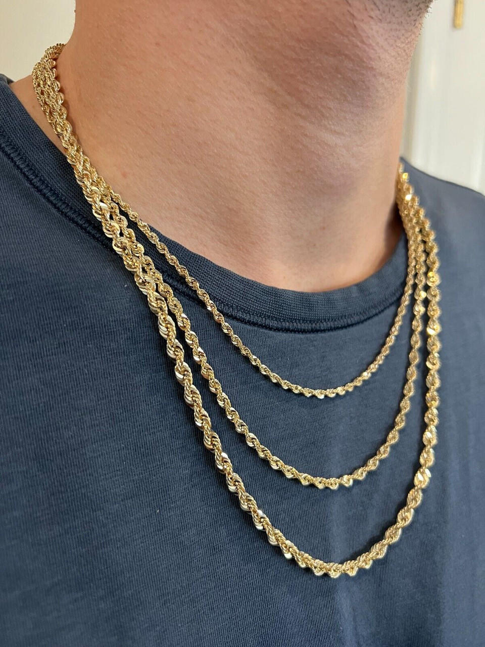 14k HOLLOW Men's Women's Real Yellow Gold Rope Chain Necklace 1.5mm-4.5mm