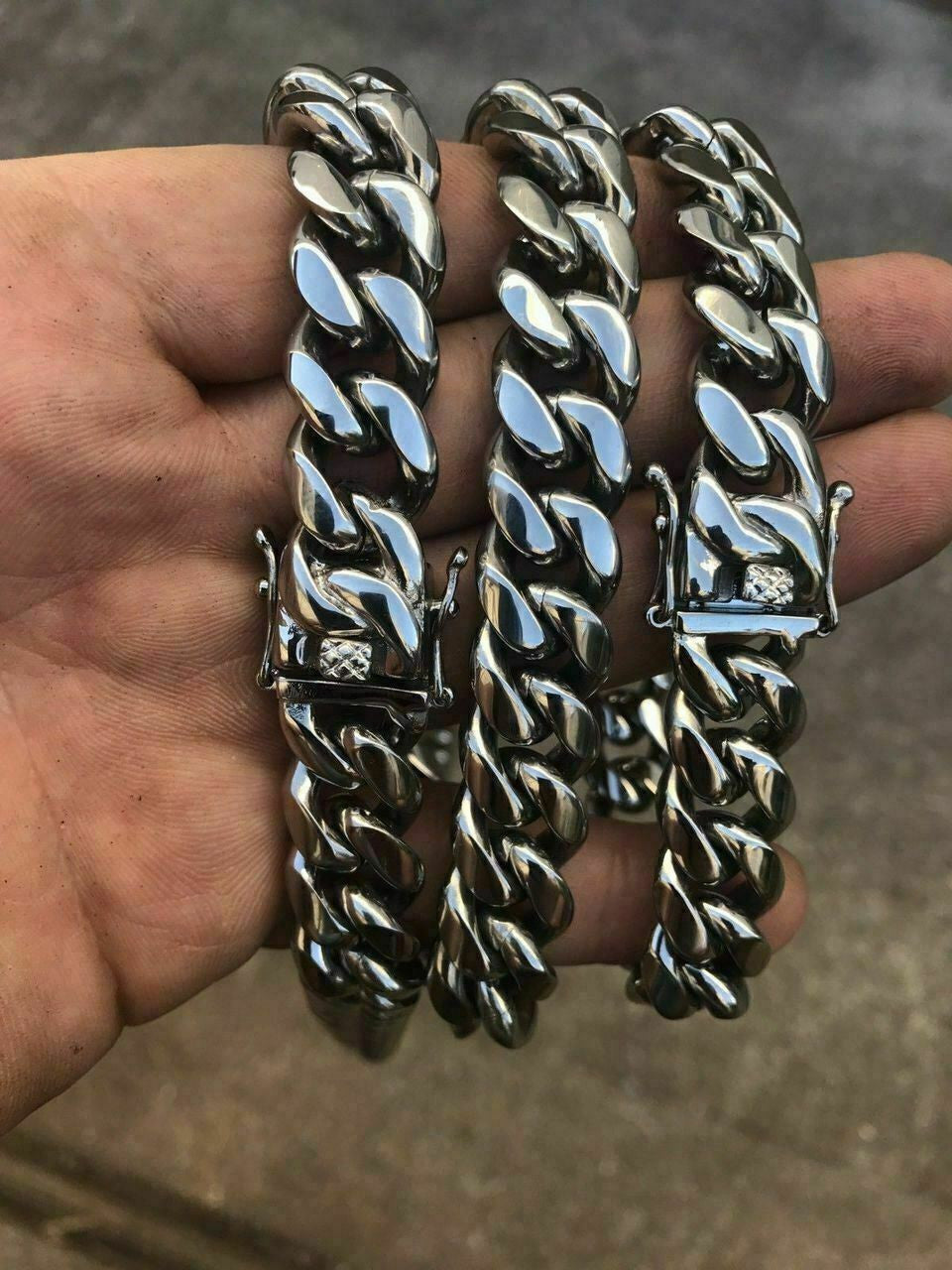 14mm Mens Miami Cuban Link Bracelet & Chain SET Stainless Steel Just like Silver