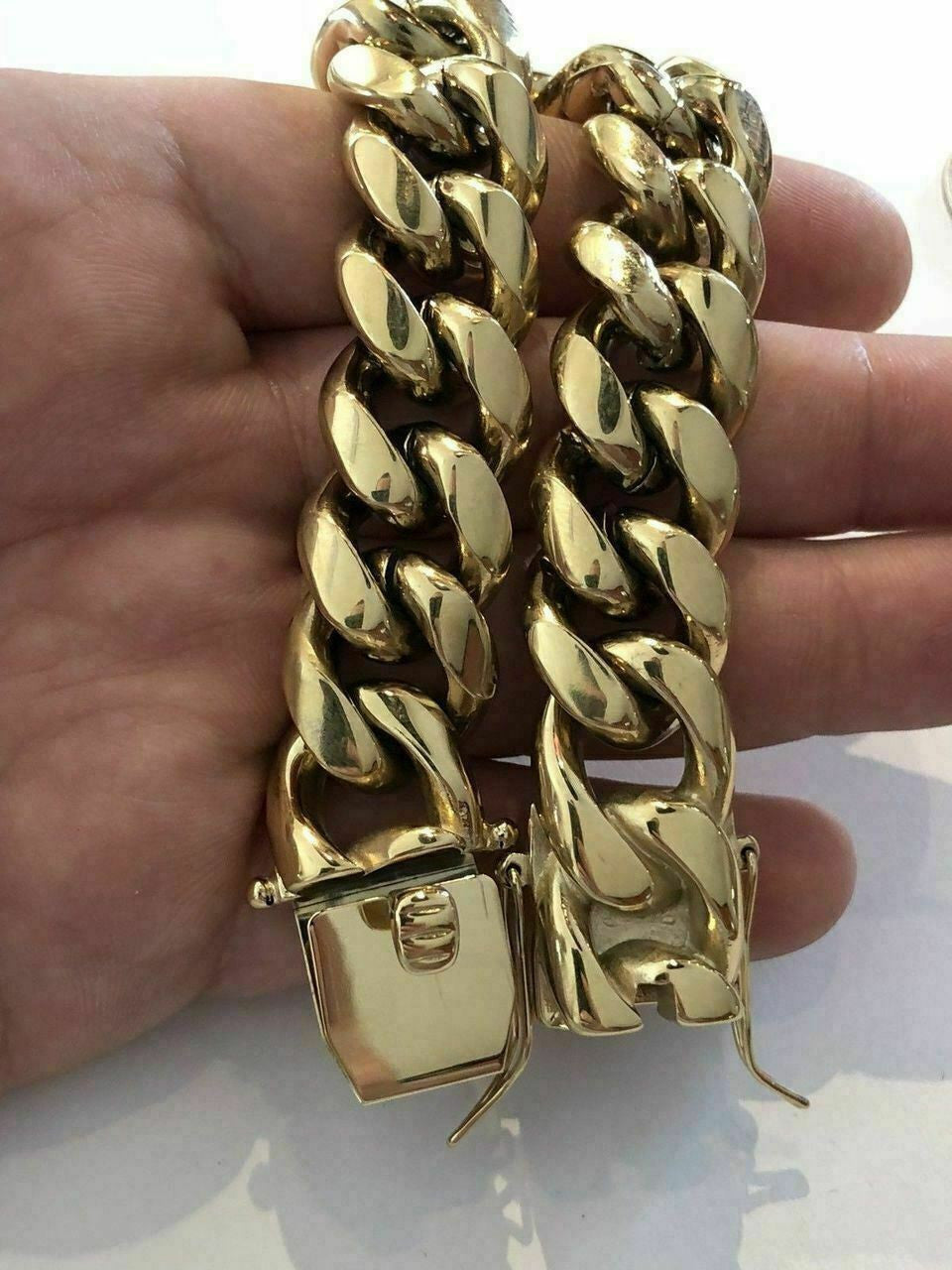 18mm Men Cuban Miami Link Bracelet Kilo Chain Set 14k Gold Over Stainless Steel