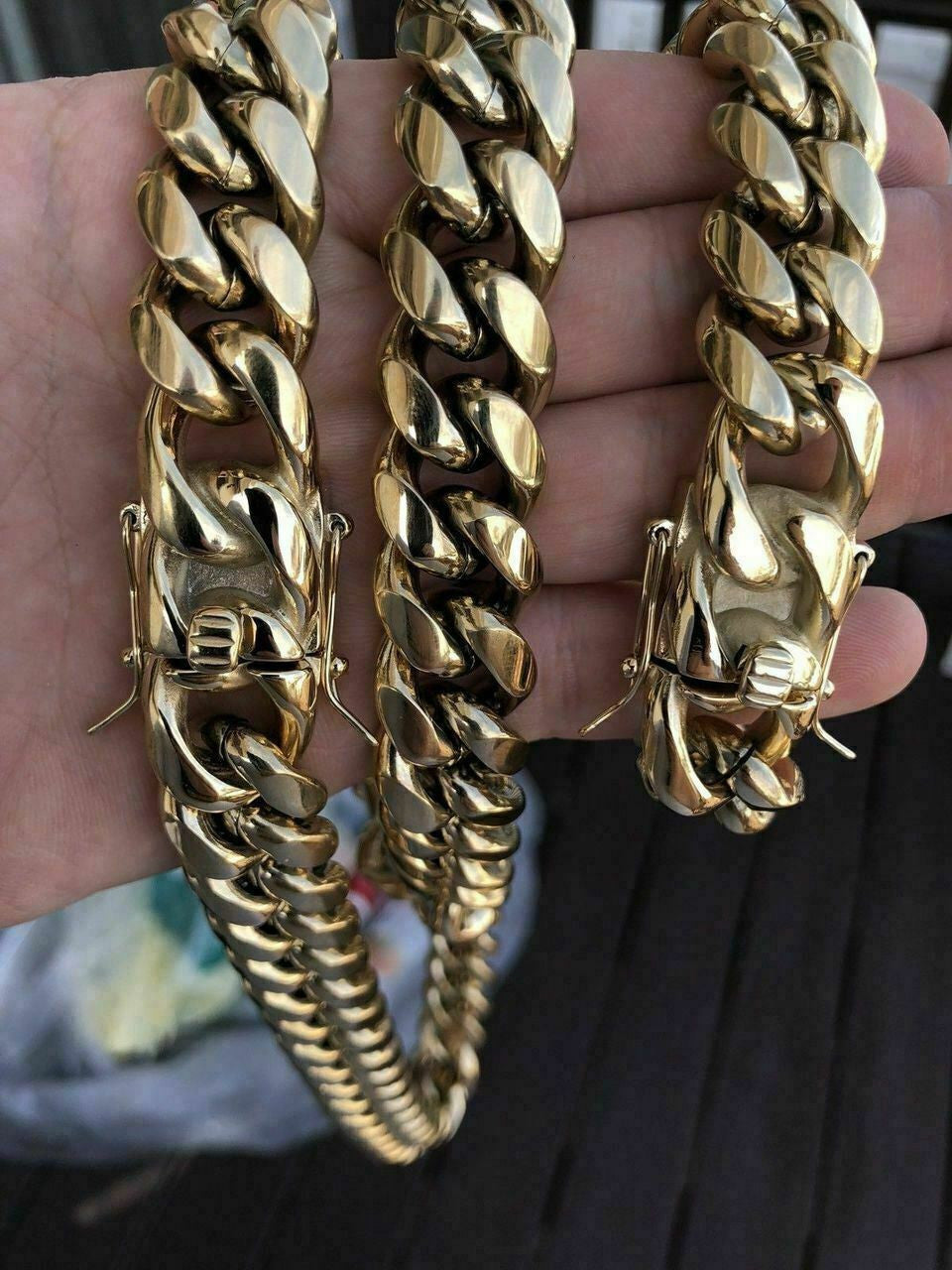 18mm Men Cuban Miami Link Bracelet Kilo Chain Set 14k Gold Over Stainless Steel