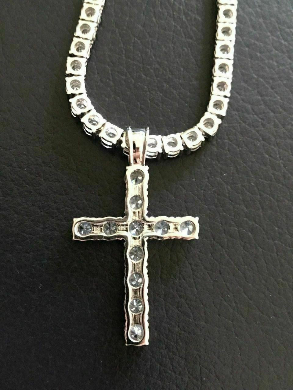 4mm Single Row Tennis Chain W. Cross Solid 925 Sterling Silver 80ct Man Made Diamond