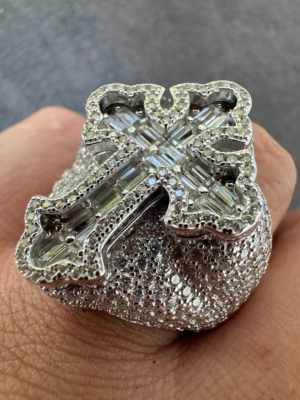 MOISSANITE Gothic Tupac Cross Baguette Iced Out Ring - 925 Silver