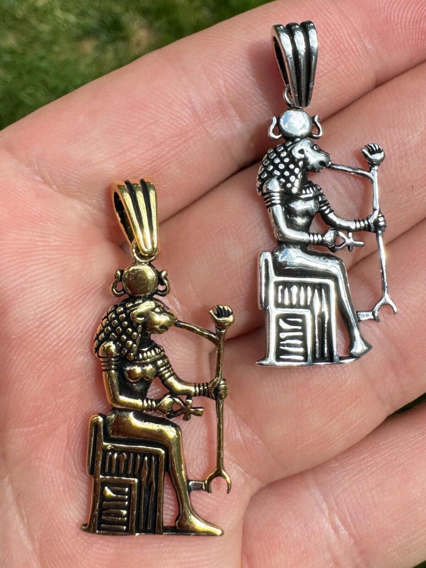 925 Silver / Gold Oxidized Egyptian God Anubis Holding Ankh Pendant Necklace