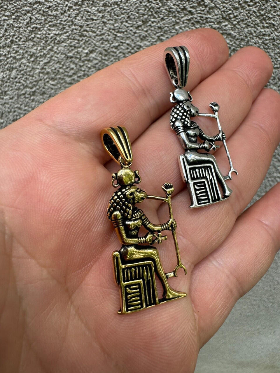 925 Silver / Gold Oxidized Egyptian God Anubis Holding Ankh Pendant Necklace