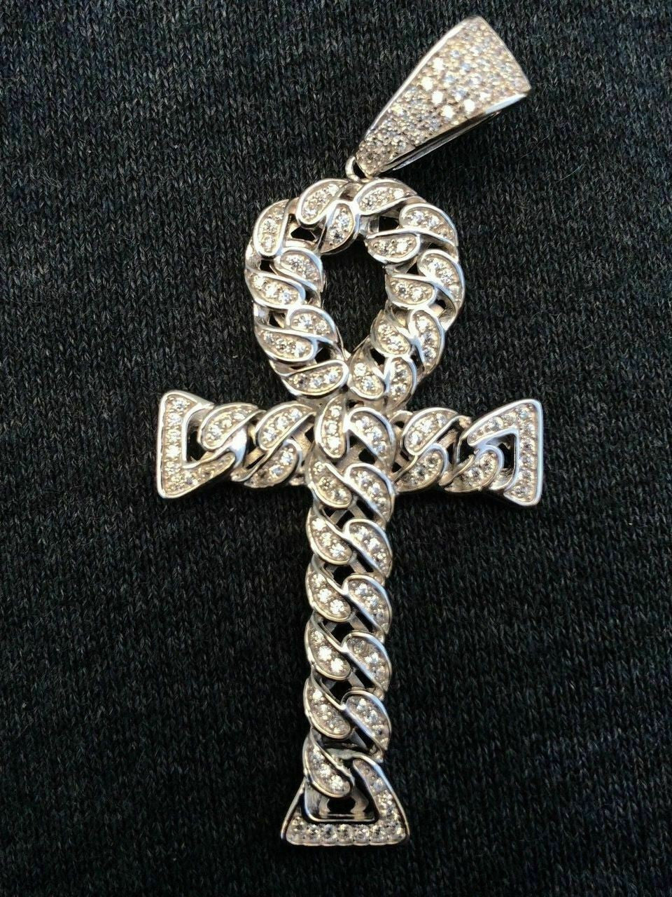 Ankh Cuban Link Cross 14k Gold Solid 925 Sterling Silver Pendant 1ct Man Diamond