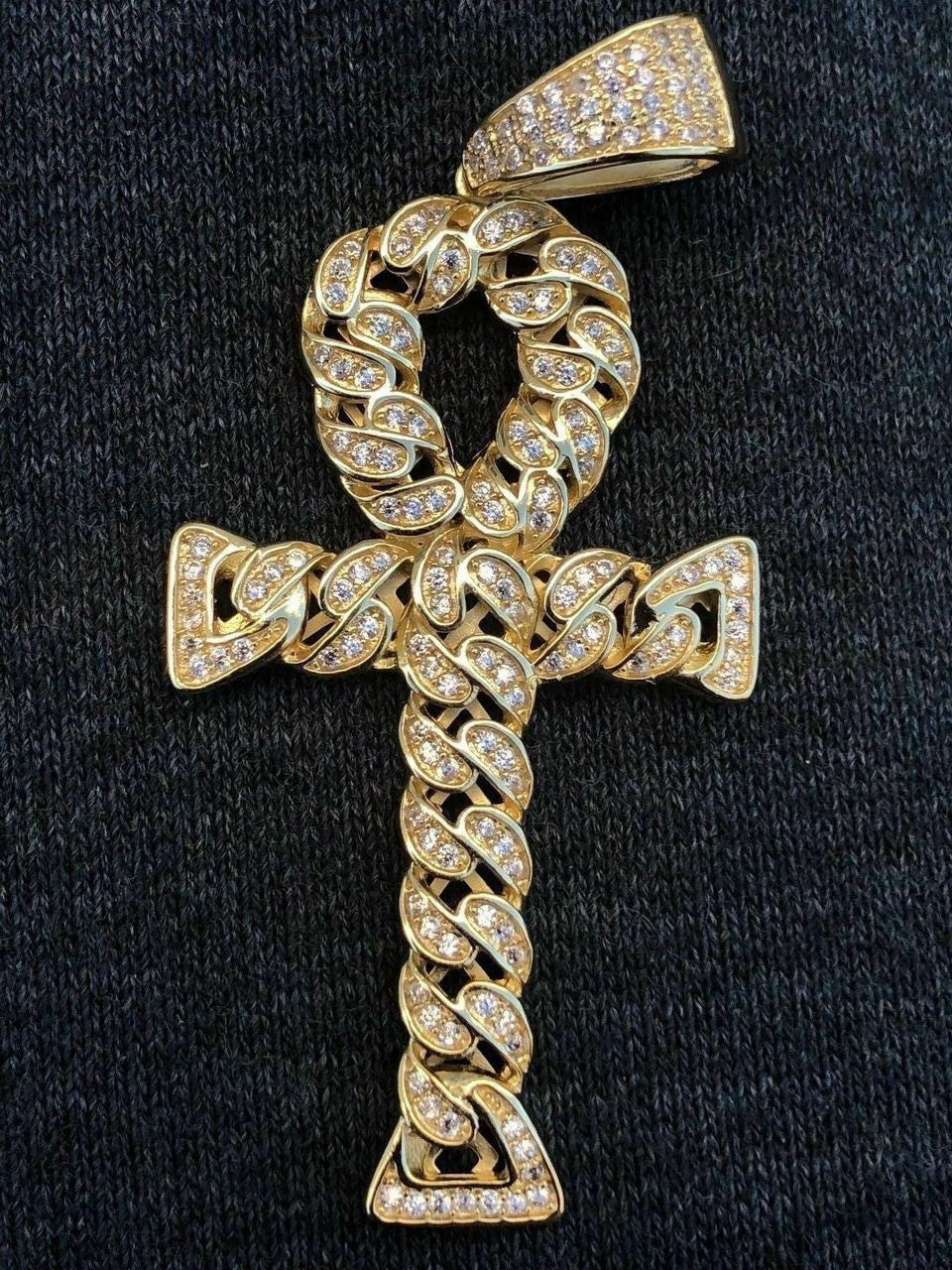 Ankh Cuban Link Cross 14k Gold Solid 925 Sterling Silver Pendant 1ct Man Diamond