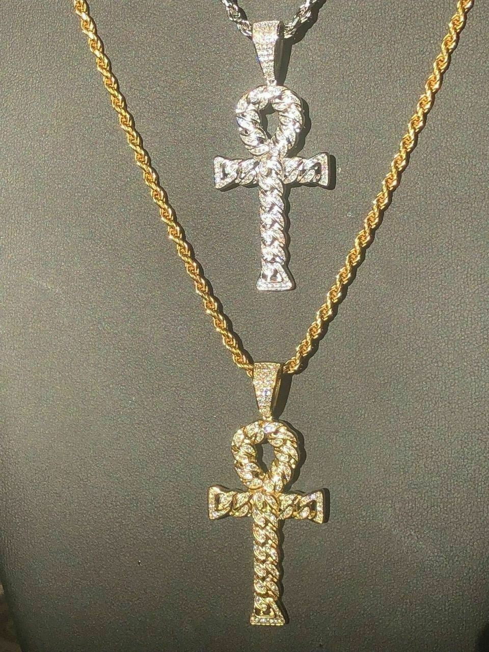 Ankh Cuban Link Cross 14k Gold Solid 925 Sterling Silver Pendant 1ct Man Diamond