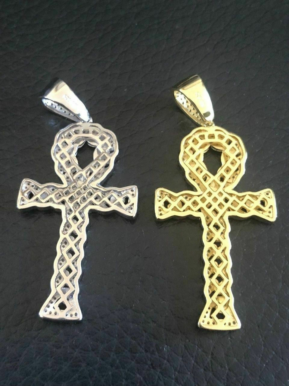 Ankh Cuban Link Cross 14k Gold Solid 925 Sterling Silver Pendant 1ct Man Diamond