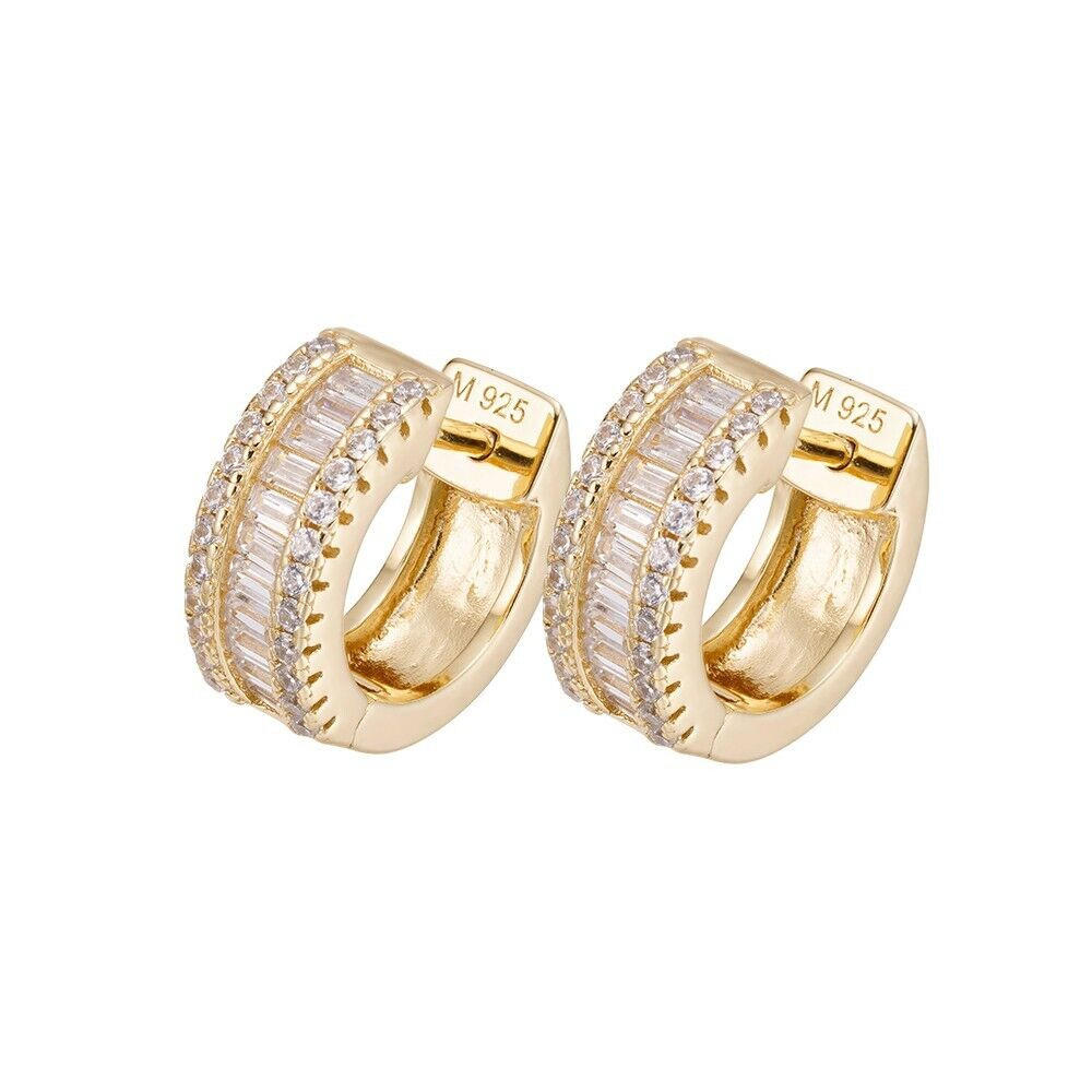 Baguette Moissanite 14k Gold Over Real 925 Silver Hoops Small Huggie Earrings